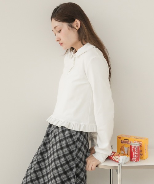 HEILIS(ヘイリス)の「【Original】フリルポロ長袖カットソー / 長袖カットソー ポロシャツ ポロトップス 襟付きトップス 丸襟 フリル フリルトップス コンパクト丈 ショート丈 長袖トップス カジュアル ガーリー 無地トップス レイヤード 春服 秋服 冬服 韓国 ポロシャツ カットソー(ポロシャツ・レディース・ホワイト/グレー/ネイビー/ブラック・FREE)」の22枚目の写真
