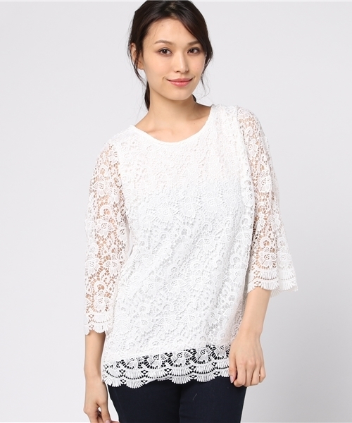 Pierrot（ピエロ）の「七分袖 ワイドスリーブ レースブラウス（シャツ/ブラウス・レディース・ホワイト/ブラック・M）」の10枚目の写真