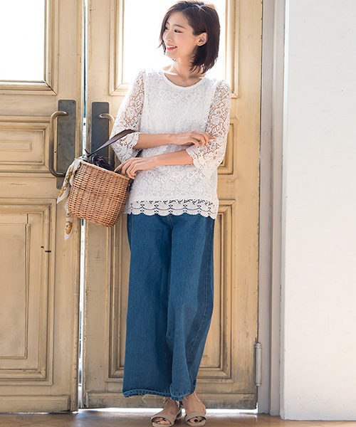 Pierrot（ピエロ）の「七分袖 ワイドスリーブ レースブラウス（シャツ/ブラウス・レディース・ホワイト/ブラック・M）」の12枚目の写真