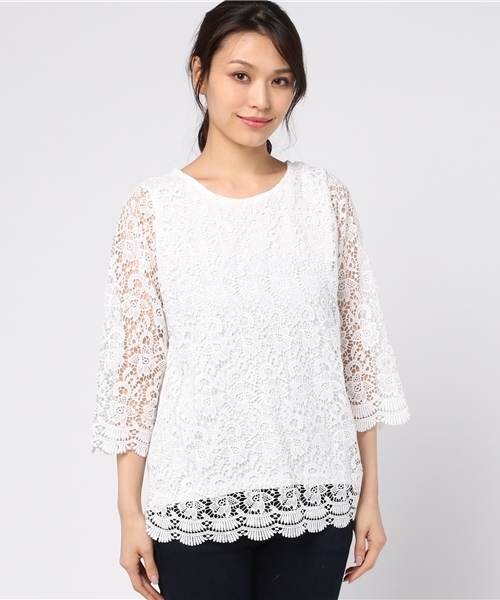 Pierrot（ピエロ）の「七分袖 ワイドスリーブ レースブラウス（シャツ/ブラウス・レディース・ホワイト/ブラック・M）」の3枚目の写真