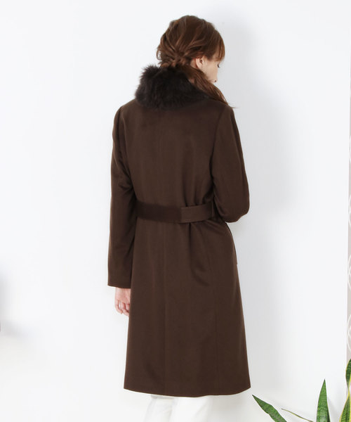 カシミヤ100%ファー付ロングコート♥美品 カシミヤ100％ロングコートフォックスファー付き（ステンカラー