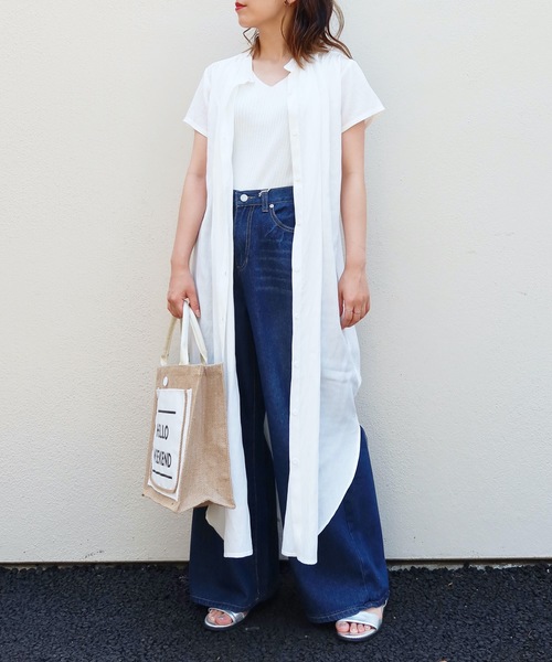 Riberry(リベリー)の「バンドカラー半袖シャツワンピ(シャツワンピース・レディース・ライトグリーン/モカ/ホワイト/ブラック・FREE)」の5枚目の写真