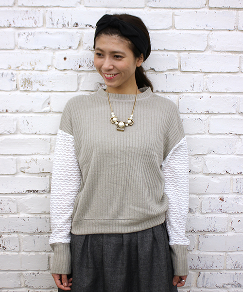 mystic（ミスティック）の「袖変わり編プルオーバー（Tシャツ/カットソー・レディース・ブラック/グレー/ネイビー/オフホワイト・ﾌﾘ-）」の4枚目の写真