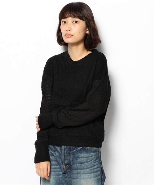 mystic（ミスティック）の「袖変わり編プルオーバー（Tシャツ/カットソー・レディース・ブラック/グレー/ネイビー/オフホワイト・ﾌﾘ-）」の3枚目の写真