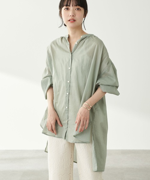 earth music&ecology（アースミュージックアンドエコロジー）の「ボイルギャザーチュニック ＊（Tシャツ/カットソー・レディース・ピンク/ブラック/オフホワイト/ベージュ/イエロー/ミント・FREE）」の4枚目の写真