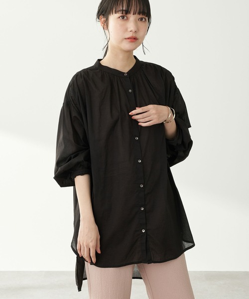 earth music&ecology（アースミュージックアンドエコロジー）の「ボイルギャザーチュニック ＊（Tシャツ/カットソー・レディース・ピンク/ブラック/オフホワイト/ベージュ/イエロー/ミント・FREE）」の2枚目の写真