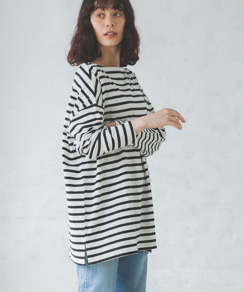 pairmanon(ペアマノン)の「【ママサイズ】ボーダーボートネック長袖Tシャツ(Tシャツ/カットソー・レディース・ブラック/アイボリー/モカ/グレイッシュベージュ・FREE)」の2枚目の写真