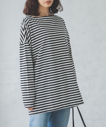 【ママサイズ】ボーダーボートネック長袖Tシャツ