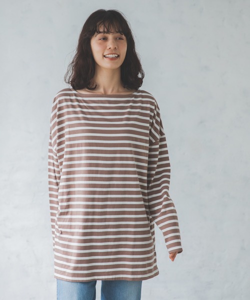 pairmanon(ペアマノン)の「【ママサイズ】ボーダーボートネック長袖Tシャツ(Tシャツ/カットソー・レディース・ブラック/アイボリー/モカ/グレイッシュベージュ・FREE)」の3枚目の写真