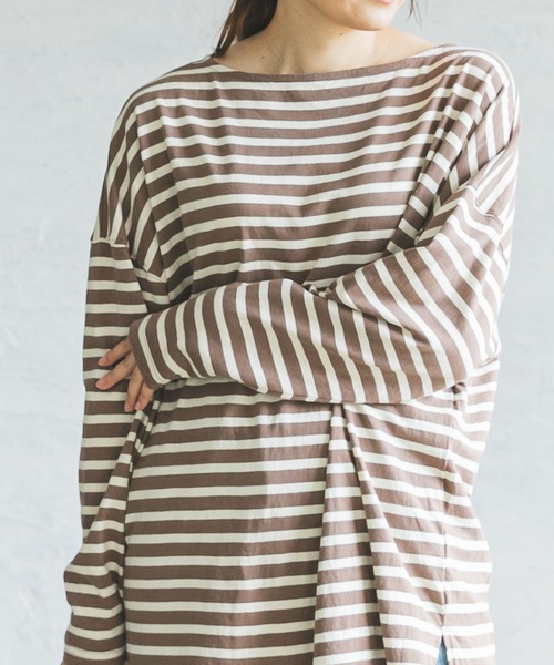 pairmanon(ペアマノン)の「【ママサイズ】ボーダーボートネック長袖Tシャツ(Tシャツ/カットソー・レディース・ブラック/アイボリー/モカ/グレイッシュベージュ・FREE)」の8枚目の写真