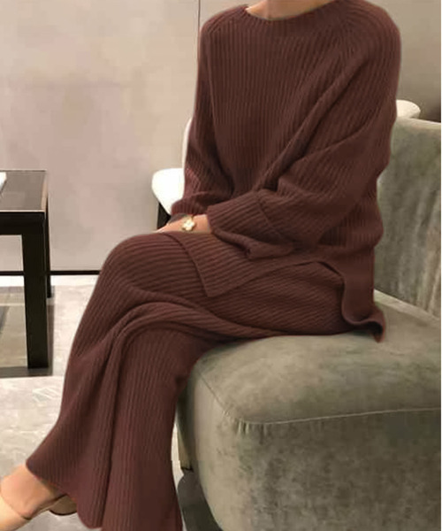 Doula Doula（ドゥーラドゥーラ）の「リブニットセットアップ（セットアップ・レディース・ベージュ/ブルー/ブラック/ブラウン/グレー/キャメル・FREE）」の4枚目の写真