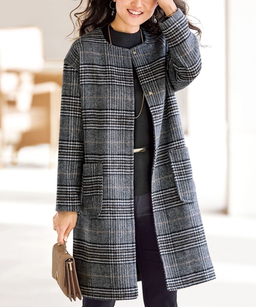 BELLUNA PLUS（ベルーナ）の「チェック柄ノーカラーコート（ノー