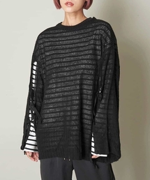 袖レースアップメッシュニット