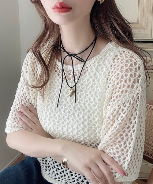 moment+(モーメントプラス)の「メッシュ透かし編みクロップドニット半袖プルオーバー(ニット/セーター・レディース・アイボリー/グリーン/ピンク/ターコイズブルー/レッド/ブラック/ベージュ/マルチ/イエロー/ナチュラル/ブルー・M/L)」の12枚目の写真