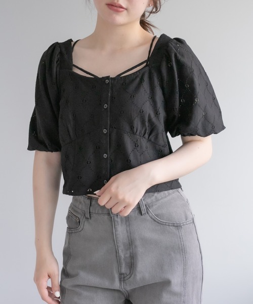 OLIVE des OLIVE(オリーブデオリーブ)の「前開きコンパクトブラウス(シャツ/ブラウス・レディース・ブラック/オフホワイト/オレンジ・FREE)」の3枚目の写真