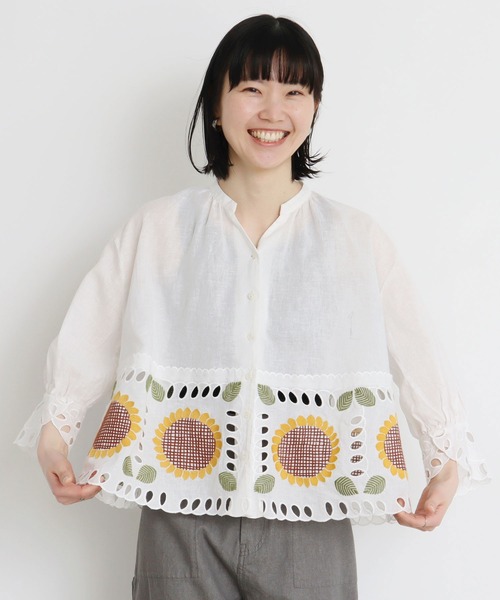未使用 ハンドメイド作家 アトリエカシワ リネン バルーンスリーブ ブラウス 未使用 ハンドメイド作家 アトリエカシワ リネン バルーン
