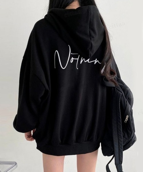 Dalfwin（ダールフィン）の「筆記体バックロゴオーバーサイズジップアップパーカー（パーカー・レディース・ブラック/グレー/ミント/ブラック系2/グレー系2/グリーン系2・FREE）」の3枚目の写真