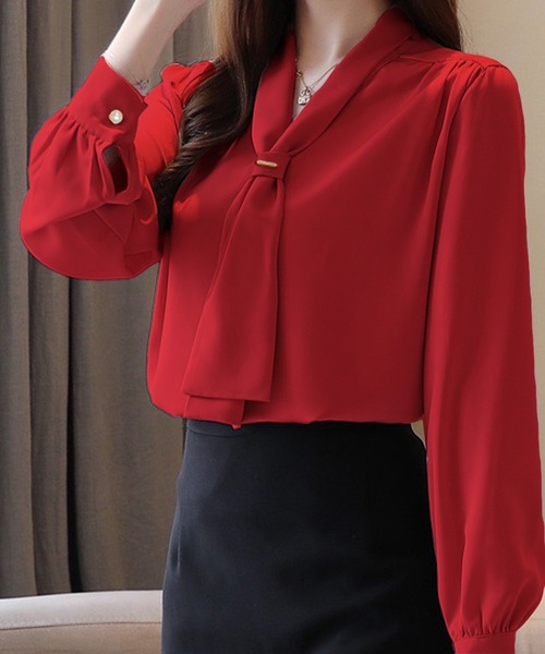 Felt-Maglietta（フェルトマリエッタ）の「リボンタイブラウス（シャツ/ブラウス・レディース・ホワイト/ブラック/ネイビー/レッド/ピンク/ライトグリーン/イエロー/ピンクベージュ/ベージュ・FREE/X-LARGE/LARGE/MEDIUM）」の9枚目の写真