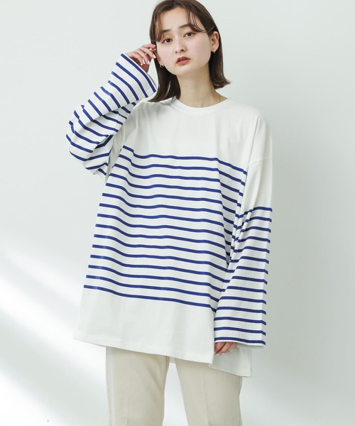 SENSE OF PLACE by URBAN RESEARCH(センスオブプレイスバイアーバンリサーチ)の「『ユニセックス』パネルボーダーエクストラルーズTシャツ(Tシャツ/カットソー・メンズ・ブルー/カーキ/ネイビー・MEDIUM/LARGE)」の3枚目の写真