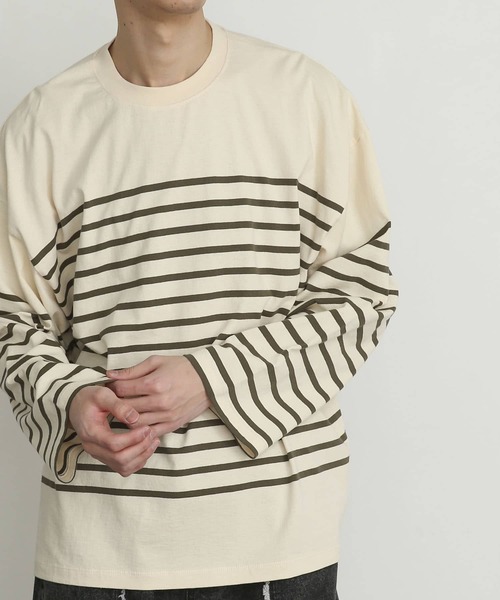 SENSE OF PLACE by URBAN RESEARCH(センスオブプレイスバイアーバンリサーチ)の「『ユニセックス』パネルボーダーエクストラルーズTシャツ(Tシャツ/カットソー・メンズ・ブルー/カーキ/ネイビー・MEDIUM/LARGE)」の6枚目の写真