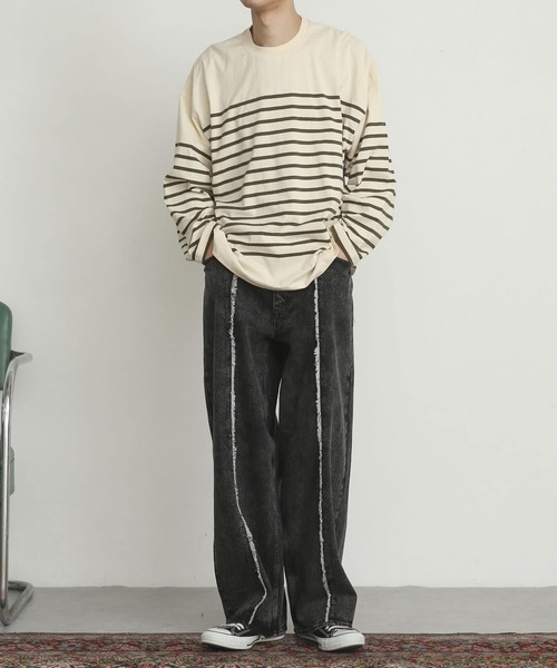 SENSE OF PLACE by URBAN RESEARCH(センスオブプレイスバイアーバンリサーチ)の「『ユニセックス』パネルボーダーエクストラルーズTシャツ(Tシャツ/カットソー・メンズ・ブルー/カーキ/ネイビー・MEDIUM/LARGE)」の4枚目の写真