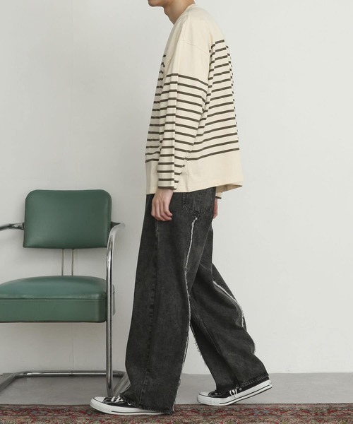 SENSE OF PLACE by URBAN RESEARCH(センスオブプレイスバイアーバンリサーチ)の「『ユニセックス』パネルボーダーエクストラルーズTシャツ(Tシャツ/カットソー・メンズ・ブルー/カーキ/ネイビー・MEDIUM/LARGE)」の9枚目の写真