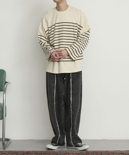 SENSE OF PLACE by URBAN RESEARCH(センスオブプレイスバイアーバンリサーチ)の「『ユニセックス』パネルボーダーエクストラルーズTシャツ(Tシャツ/カットソー・メンズ・ブルー/カーキ/ネイビー・MEDIUM/LARGE)」の10枚目の写真