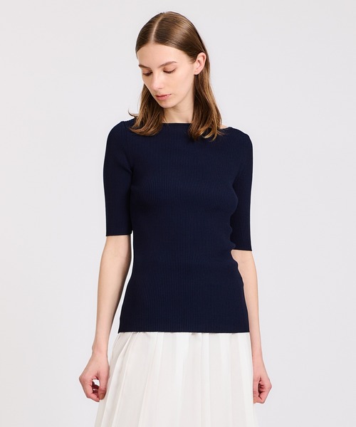 ESTNATION(エストネーション)の「ESTNATION / ハーフスリーブボートネックニット(ニット/セーター・レディース・ネイビー/ピンク/オフホワイト・FREE)」の3枚目の写真