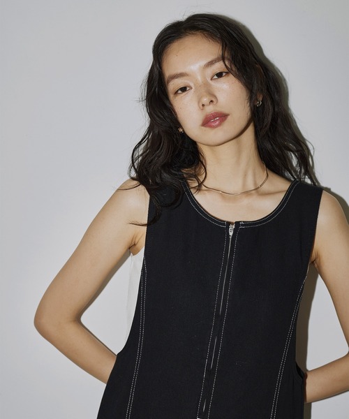 hellam（へラム）の「ステッチ配色ジャンスカ（ジャンパースカート・レディース・ブラック/カーキ/グレー・FREE）」の5枚目の写真