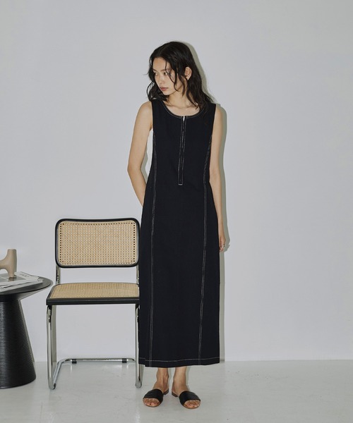 hellam（へラム）の「ステッチ配色ジャンスカ（ジャンパースカート・レディース・ブラック/カーキ/グレー・FREE）」の6枚目の写真