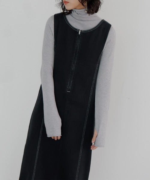 hellam（へラム）の「ステッチ配色ジャンスカ（ジャンパースカート・レディース・ブラック/カーキ/グレー・FREE）」の15枚目の写真