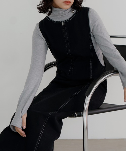 hellam（へラム）の「ステッチ配色ジャンスカ（ジャンパースカート・レディース・ブラック/カーキ/グレー・FREE）」の17枚目の写真