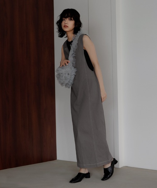 hellam（へラム）の「ステッチ配色ジャンスカ（ジャンパースカート・レディース・ブラック/カーキ/グレー・FREE）」の11枚目の写真