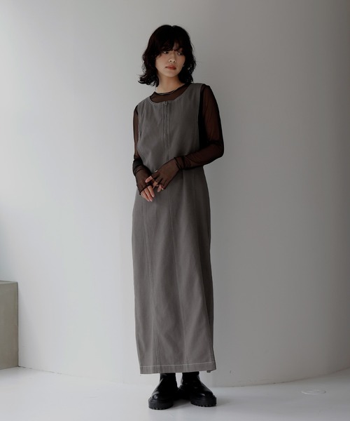 hellam（へラム）の「ステッチ配色ジャンスカ（ジャンパースカート・レディース・ブラック/カーキ/グレー・FREE）」の12枚目の写真