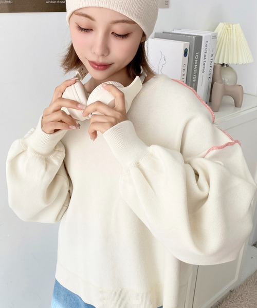 moment+(モーメントプラス)の「リンキング配色スウェットライクニットプルオーバー(自宅で洗えるウォッシャブル素材)(ニット/セーター・レディース・杢グレー/ブラック/アイボリー/ベージュ/レッド/チャコールグレー/ネイビー・M/L)」の10枚目の写真