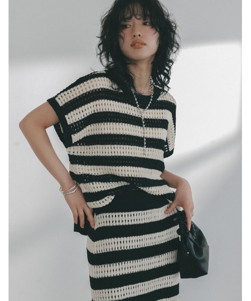 Re:EDIT（リエディ）の「[2023 SUMMER COLLECTION]無地orボーダーフィッシュネットニットチュニック（ニット/セーター・レディース・アイボリー/ホワイト×ブラック/ブラック/モカ・LARGE/MEDIUM）」の5枚目の写真