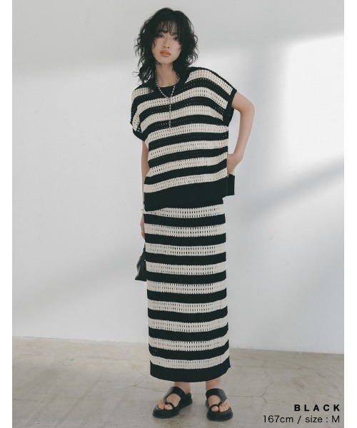 Re:EDIT（リエディ）の「[2023 SUMMER COLLECTION]無地orボーダーフィッシュネットニットチュニック（ニット/セーター・レディース・アイボリー/ホワイト×ブラック/ブラック/モカ・LARGE/MEDIUM）」の7枚目の写真