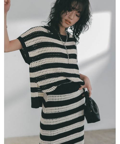 Re:EDIT（リエディ）の「[2023 SUMMER COLLECTION]無地orボーダーフィッシュネットニットチュニック（ニット/セーター・レディース・アイボリー/ホワイト×ブラック/ブラック/モカ・LARGE/MEDIUM）」の8枚目の写真