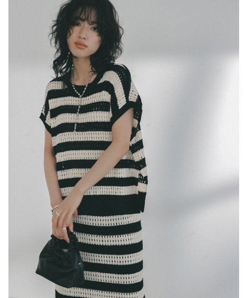 Re:EDIT（リエディ）の「[2023 SUMMER COLLECTION]無地orボーダーフィッシュネットニットチュニック（ニット/セーター・レディース・アイボリー/ホワイト×ブラック/ブラック/モカ・LARGE/MEDIUM）」の9枚目の写真