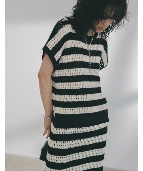 Re:EDIT（リエディ）の「[2023 SUMMER COLLECTION]無地orボーダーフィッシュネットニットチュニック（ニット/セーター・レディース・アイボリー/ホワイト×ブラック/ブラック/モカ・LARGE/MEDIUM）」の11枚目の写真