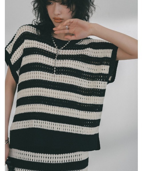 Re:EDIT（リエディ）の「[2023 SUMMER COLLECTION]無地orボーダーフィッシュネットニットチュニック（ニット/セーター・レディース・アイボリー/ホワイト×ブラック/ブラック/モカ・LARGE/MEDIUM）」の14枚目の写真