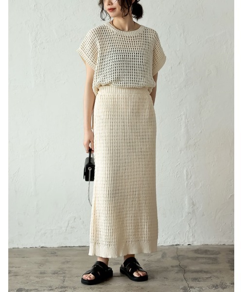 Re:EDIT（リエディ）の「[2023 SUMMER COLLECTION]無地orボーダーフィッシュネットニットチュニック（ニット/セーター・レディース・アイボリー/ホワイト×ブラック/ブラック/モカ・LARGE/MEDIUM）」の22枚目の写真