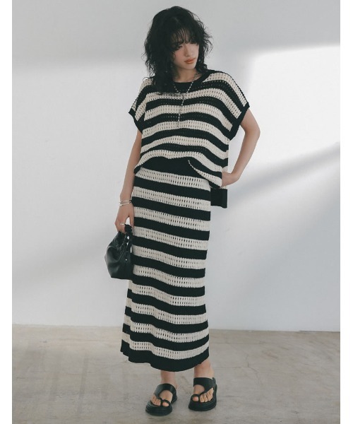 Re:EDIT（リエディ）の「[2023 SUMMER COLLECTION]無地orボーダーフィッシュネットニットチュニック（ニット/セーター・レディース・アイボリー/ホワイト×ブラック/ブラック/モカ・LARGE/MEDIUM）」の10枚目の写真