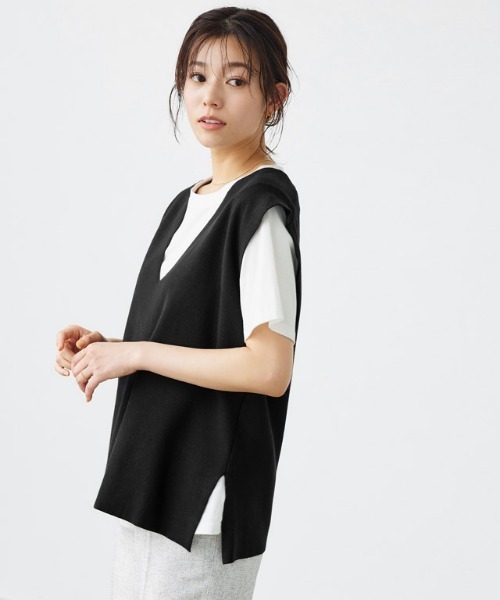 Pierrot(ピエロ)の「ミラノリブフレンチフリーブニット(ベスト・レディース・ブラック/オフホワイト/オリーブ・M/L)」の3枚目の写真
