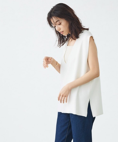 Pierrot(ピエロ)の「ミラノリブフレンチフリーブニット(ベスト・レディース・ブラック/オフホワイト/オリーブ・M/L)」の16枚目の写真