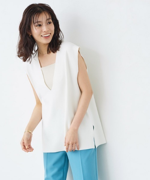 Pierrot(ピエロ)の「ミラノリブフレンチフリーブニット(ベスト・レディース・ブラック/オフホワイト/オリーブ・M/L)」の6枚目の写真