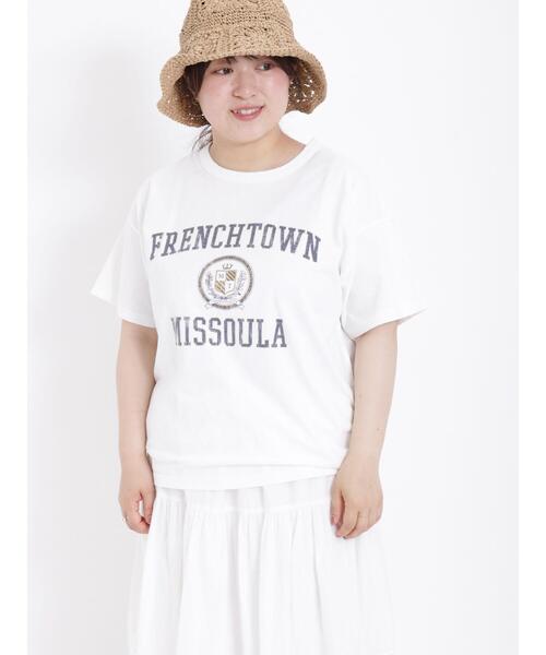 Samansa Mos2(サマンサ モスモス)の「サンドウォッシュカレッジロゴプリントTシャツ(Tシャツ/カットソー・レディース・ネイビー/オフホワイト/サックスブルー/ピンク・F)」の1枚目の写真