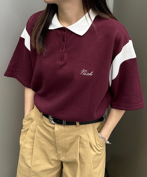 kutir（クティール）の「配色ワッフルポロシャツ（ポロシャツ・レディース・グリーン/ボルドー/オフホワイト・FREE）」の3枚目の写真