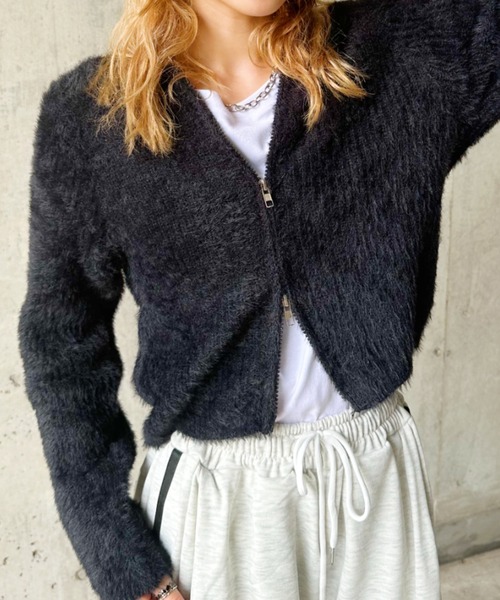 CLEA(クレア)の「シャギーニットWジップクロップド丈トップス(ニット/セーター・レディース・ライトグレー/ホワイト/ブラック・FREE)」の1枚目の写真