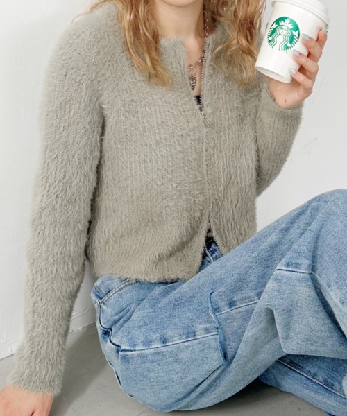CLEA(クレア)の「シャギーニットWジップクロップド丈トップス(ニット/セーター・レディース・ライトグレー/ホワイト/ブラック・FREE)」の14枚目の写真